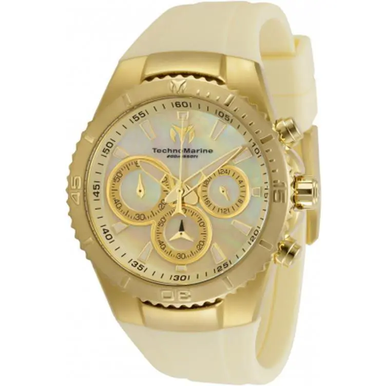 Technomarine Sea Manta Women`s 40mm Mother of Pearl Chronograph Watch TM-220080 - Dial: Multicolor, White, Band: Yellow, Champagne, Cream, Bezel: Gold, Yellow