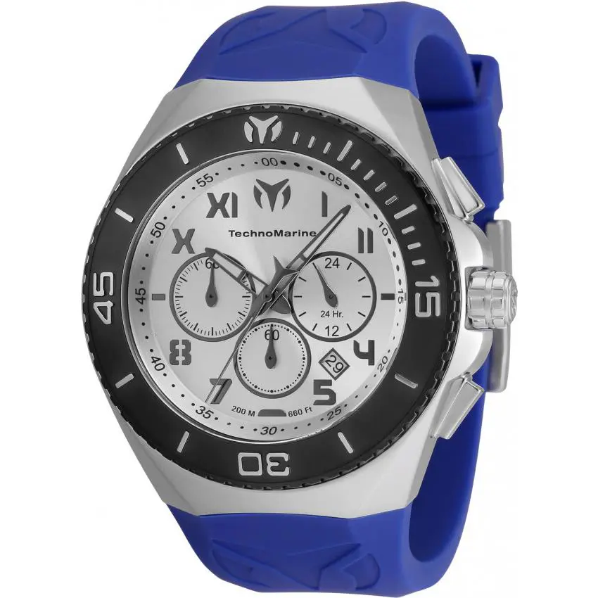 Technomarine Ocean Manta Men`s 48mm Mixed Silicone Chronograph Watch TM-220024 - Dial: Silver, Band: Blue, Bezel: Black, Gray, Silver