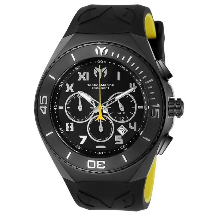 Technomarine Ocean Manta Men`s 48mm Black Silicone Chronograph Watch TM-215069 - Dial: Black, Band: Yellow, Black, Bezel: Black