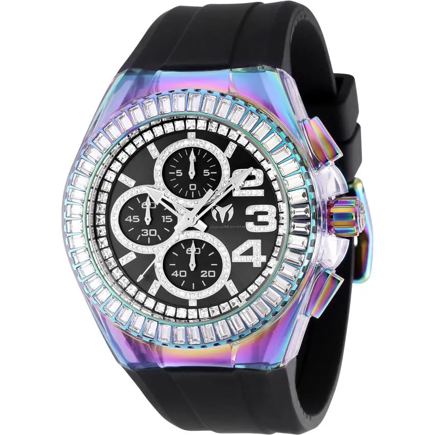 Technomarine Cruise Glitz Men`s 45mm Crystals Chrono Rainbow Watch TM-121020 - Dial: Black, White, Band: Black, Bezel: Blue, Green, Multicolor, Purple, White