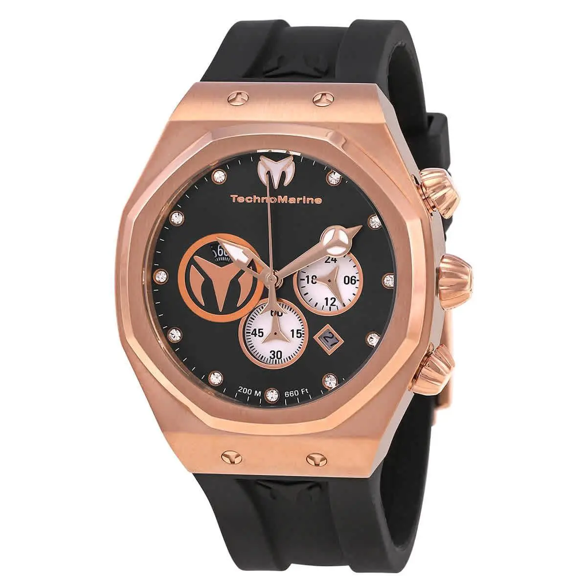 Technomarine Reef Chronograph Quartz Diamond Black Dial Men`s Watch TM-520004 - Dial: Black, Band: Black, Bezel: Pink, Black