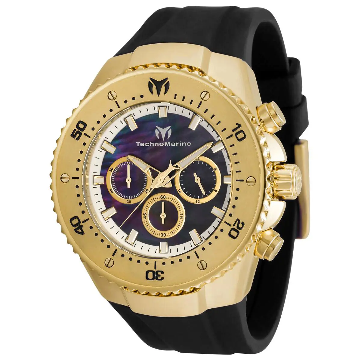 Technomarine Sea Manta Mens 48mm Black Mop Dial Gold Chronograph Watch TM-220067 - Dial: Black, Gold, Multicolor, White, Band: Black, Bezel: Gold, Yellow