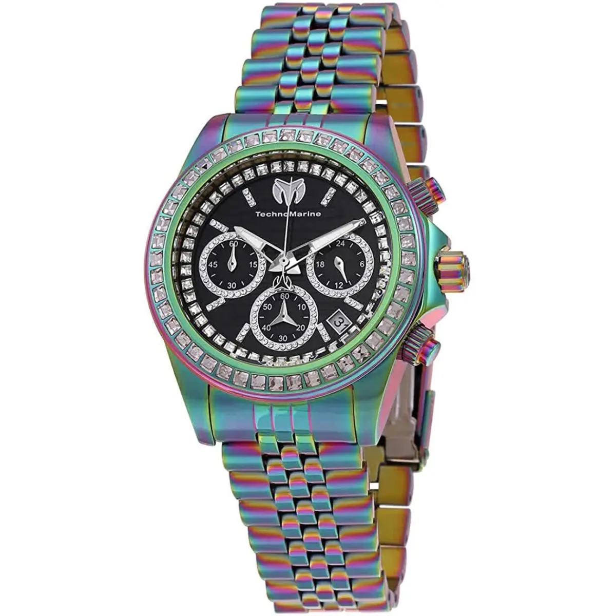 Technomarine Manta Ray Luxe Women`s 40mm Rainbow Black Crystals Watch TM-221021 - Dial: Black, Silver, White, Band: Blue, Green, Multicolor, Purple, Bezel: Blue, Green, Multicolor, Purple, White