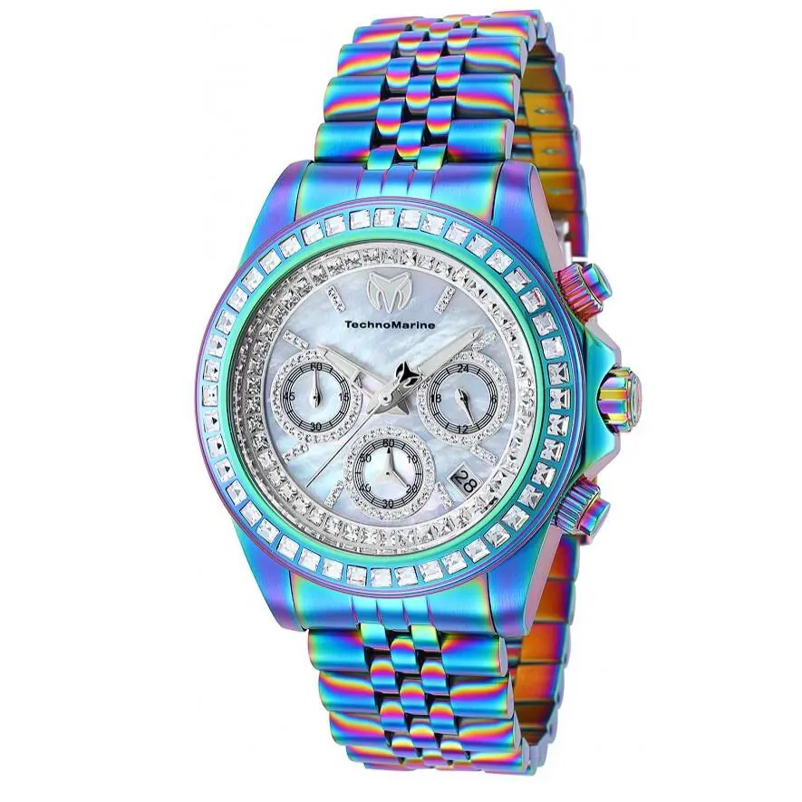 Technomarine Manta Ray Luxe Women`s 40mm Rainbow Mop Crystals Watch TM-221027 - Dial: Multicolor, Silver, White, Band: Blue, Green, Multicolor, Purple, Bezel: Blue, Green, Multicolor, Purple, White
