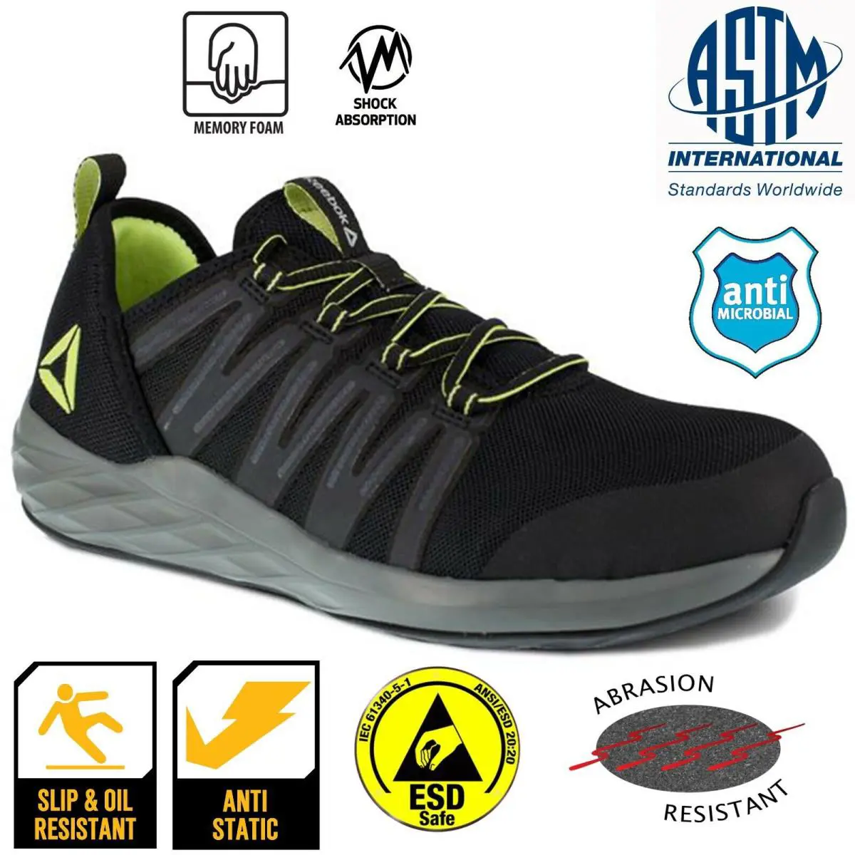 Reebok Steel Toe Static Dissipative Slip Heat Resistant Work Shoes Esd Safe Astm - Black