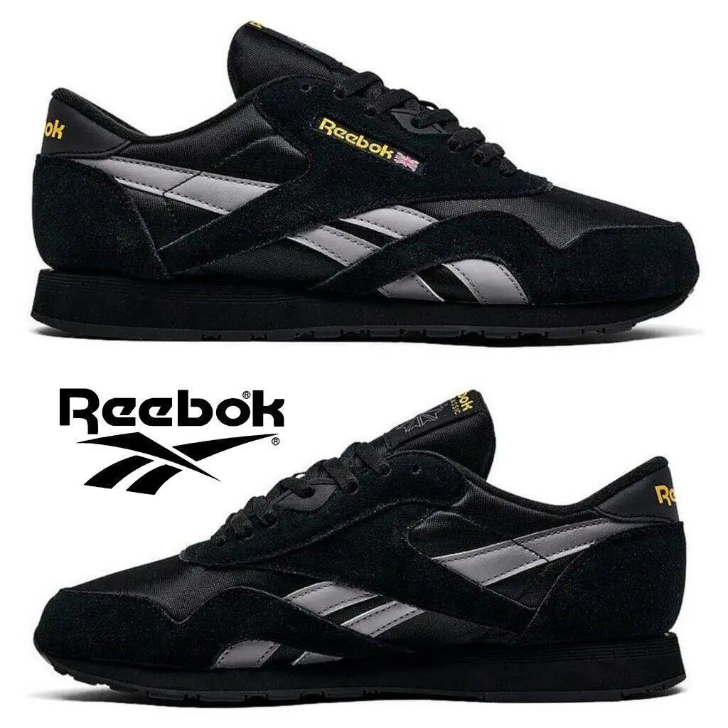 Reebok Classic Nylon Men`s Sneakers Casual Running Training Sport Shoes - Black, Manufacturer: Black/Grey/Yellow