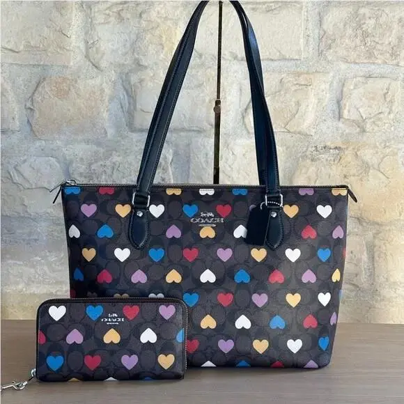 Gallery Tote Signature Canvas Heart Print Brown Black Bag/wallet Option by Coach