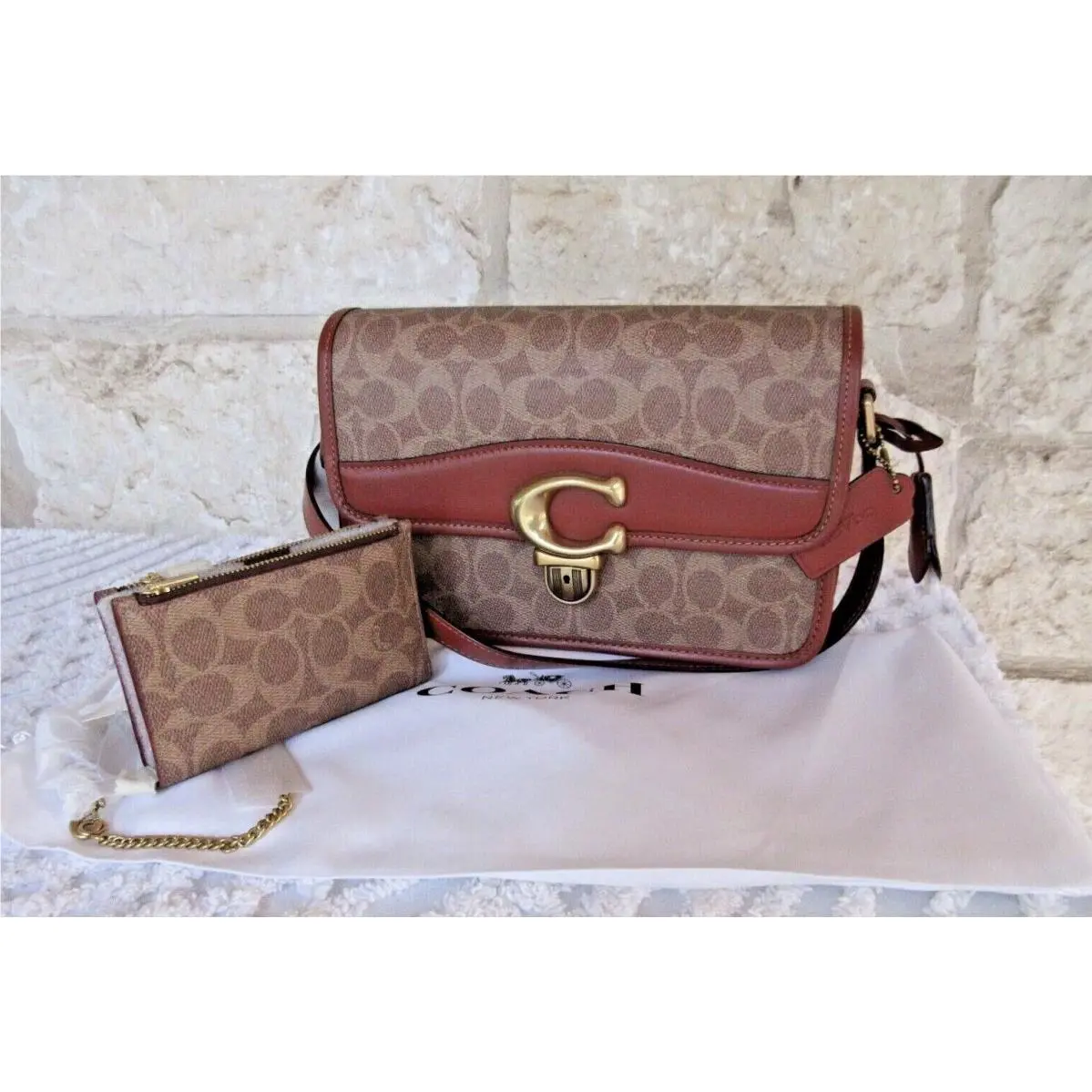 Tan Rust Coated Signature Studio Shoulder Bag or Bag 2-pc Set Options 2-pc Studio Bag + 2 ZIP Cardcase Tan/Rust Sig. by Coach