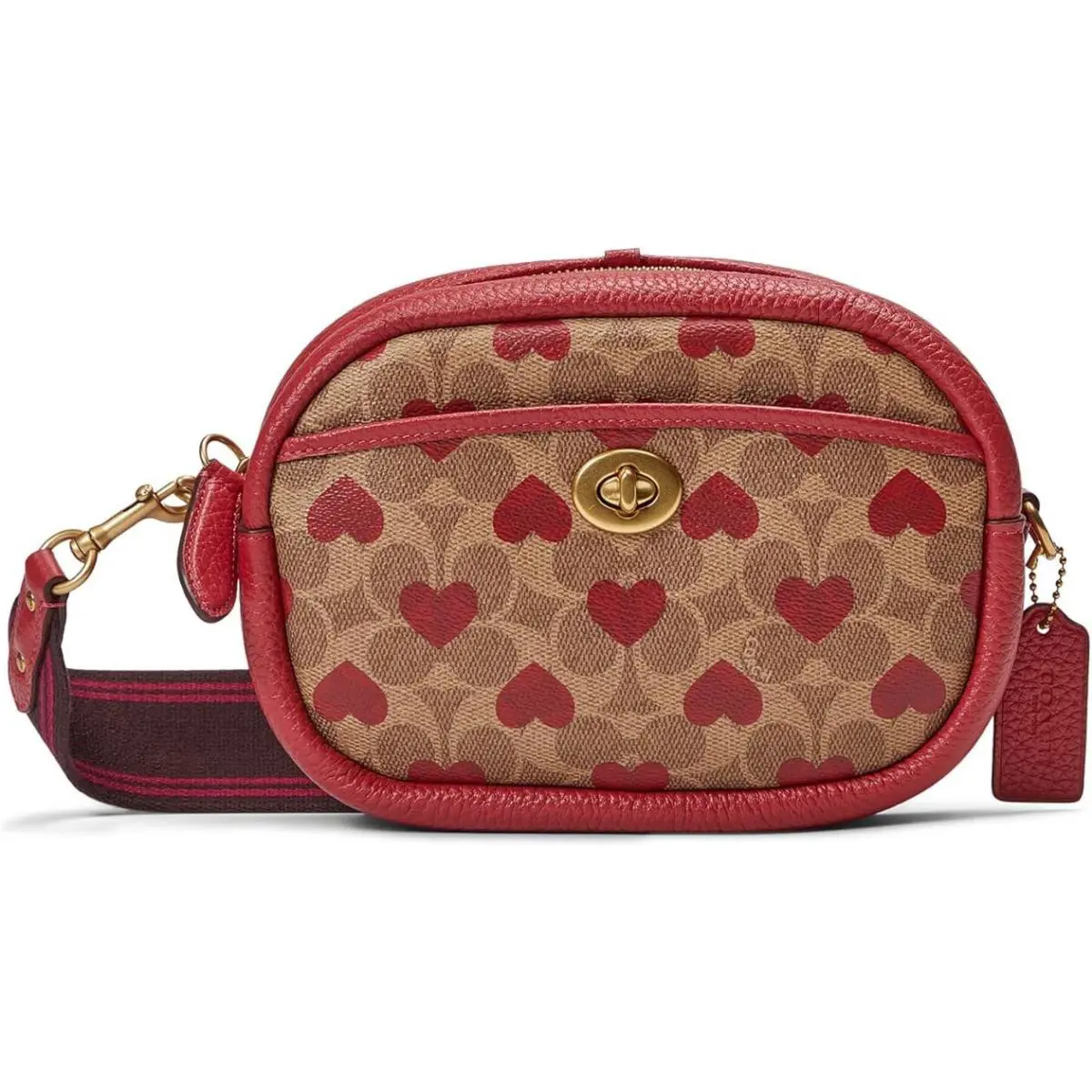 Coach Coated Canvas Signature with Heart Print with Webbing Strap Tan Red Apple