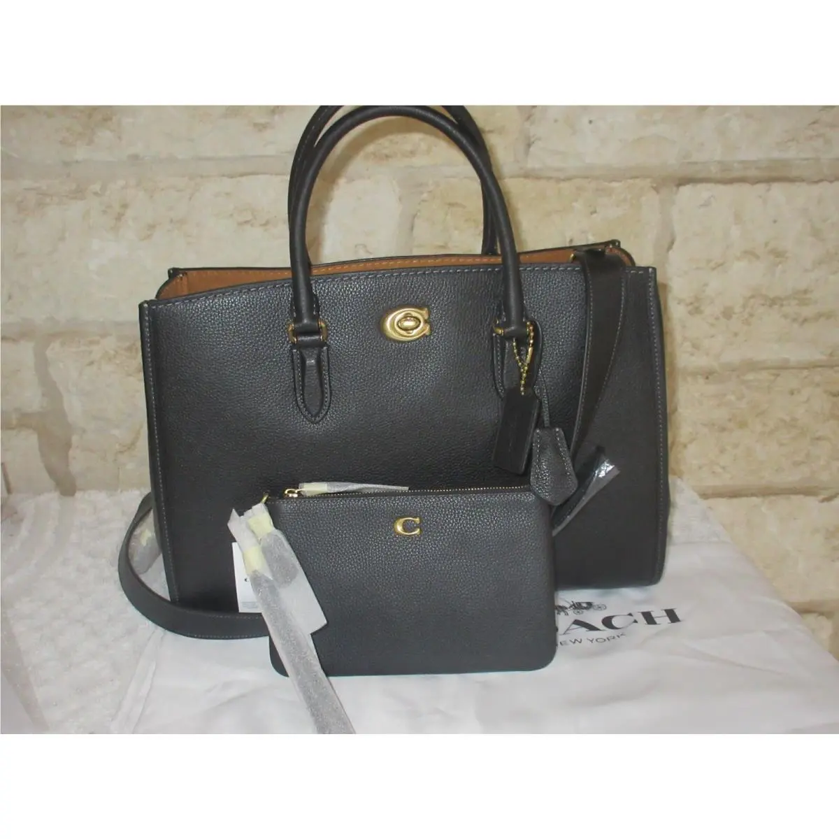 Brooke Carryall LG Black Leather Satchel Convertible or Set Options Black Brook Carryall + SM C Wristlet 2pc set by Coach