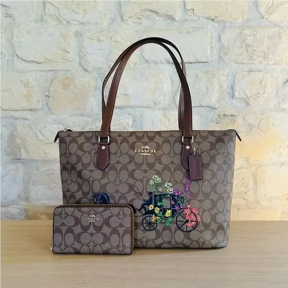 Gallery Signature Tote Horse Carriage Signature Monogram Handbag Wallet handbag+wallet by Coach
