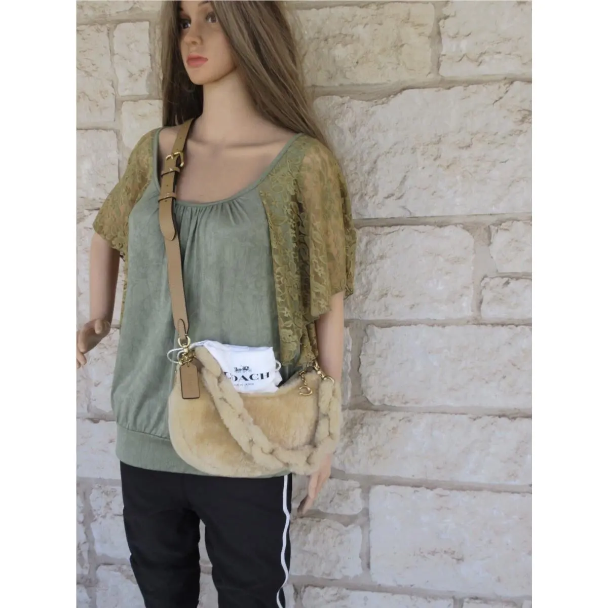 Coach Mira Real Shearling Crescent Bag Set or Round Zip Charm Beige/neutral