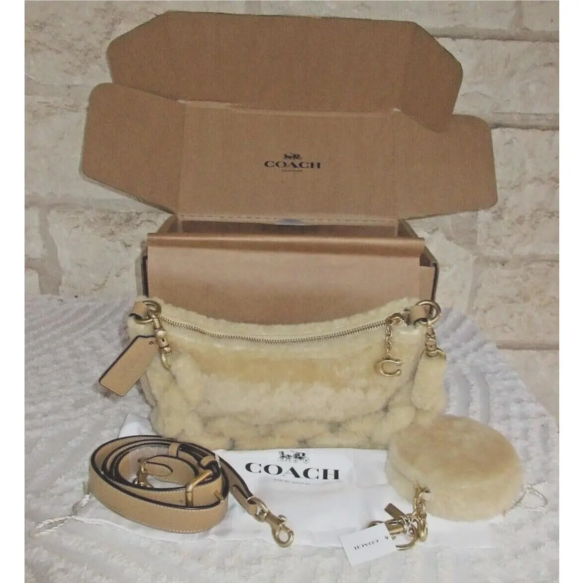 Mira Real Shearling Crescent Bag Set or Round Zip Charm Beige/neutral SET: Shearling Braided + Charmed FOB/Zip/case 2-pc by Coach