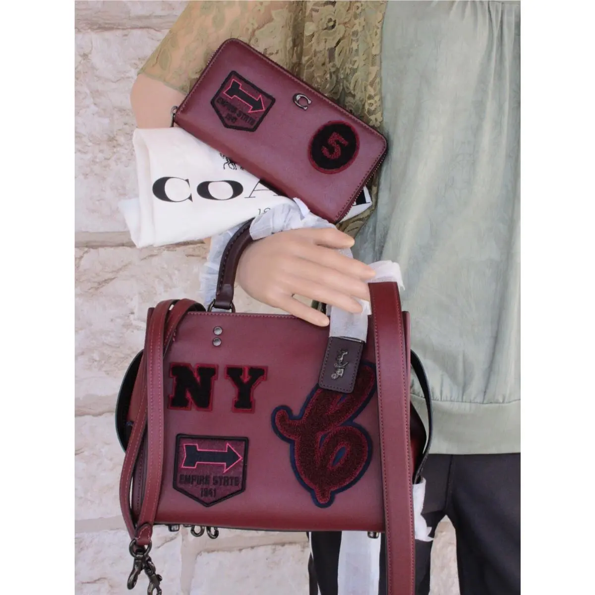 Rogue 25 Varsity Patches Satchel Convertible or Wallet or Set Cardinal 2-pc Rouge 25 + Wallet SET Varsity Patches Leather by Coach