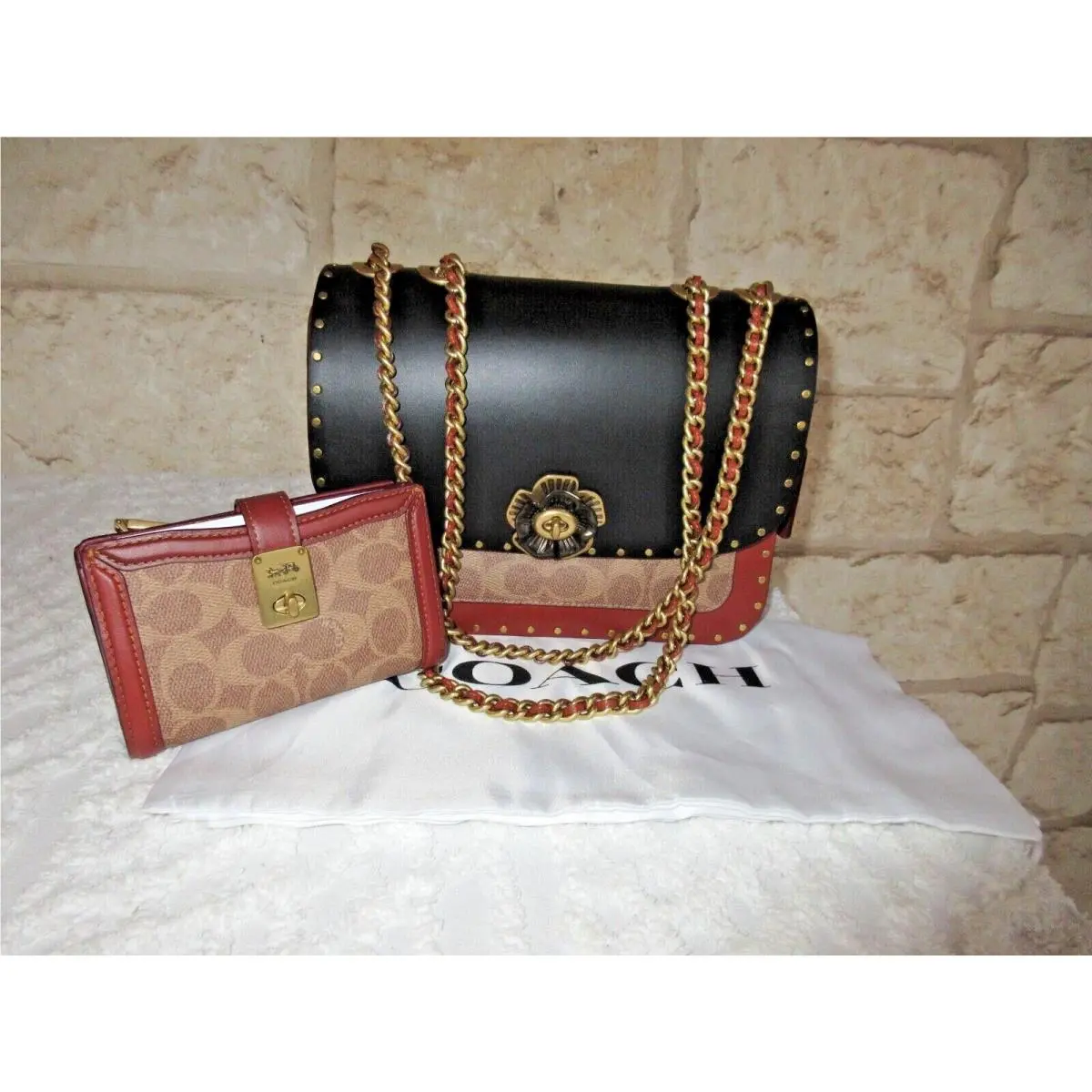 Madison MD Shoulder Bag Tea Rose Turnlock Rivets Set or Individual Choices 2-pc. Madison Tea Rose + Turn-lock card/wallet set by Coach