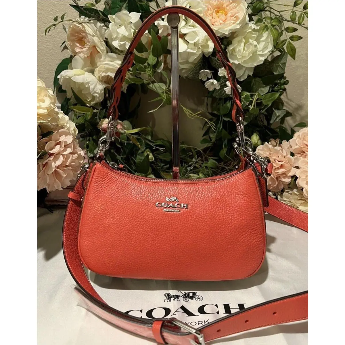 Coach Signature Canvas/leather Teri Shoulder Crossbody Bag Khaki/tangerine