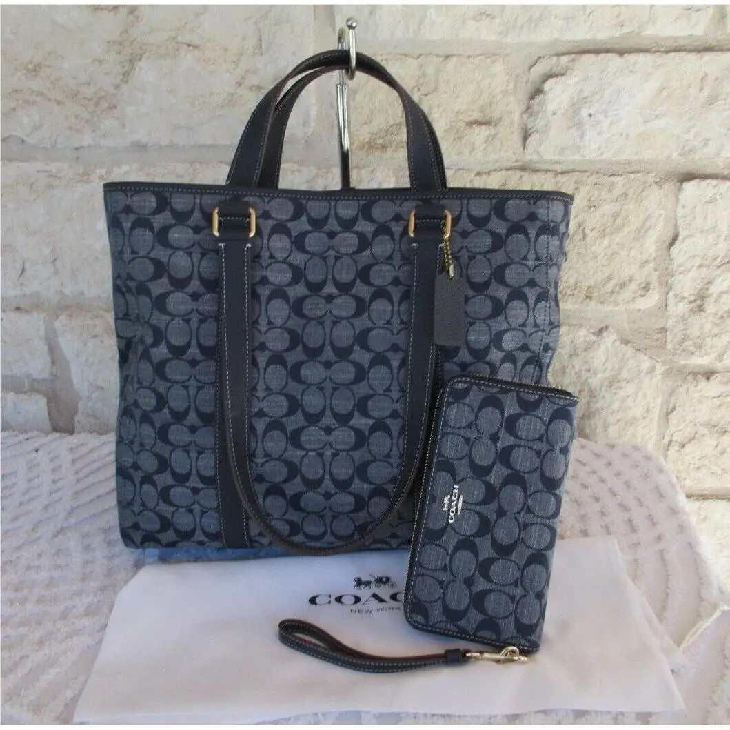 Hudson Signature Chambray Demin Tote/handbag or 2-pc Bag Set Options SET Accordion Wristlet LG + Tote/Handbag DENIM new by Coach