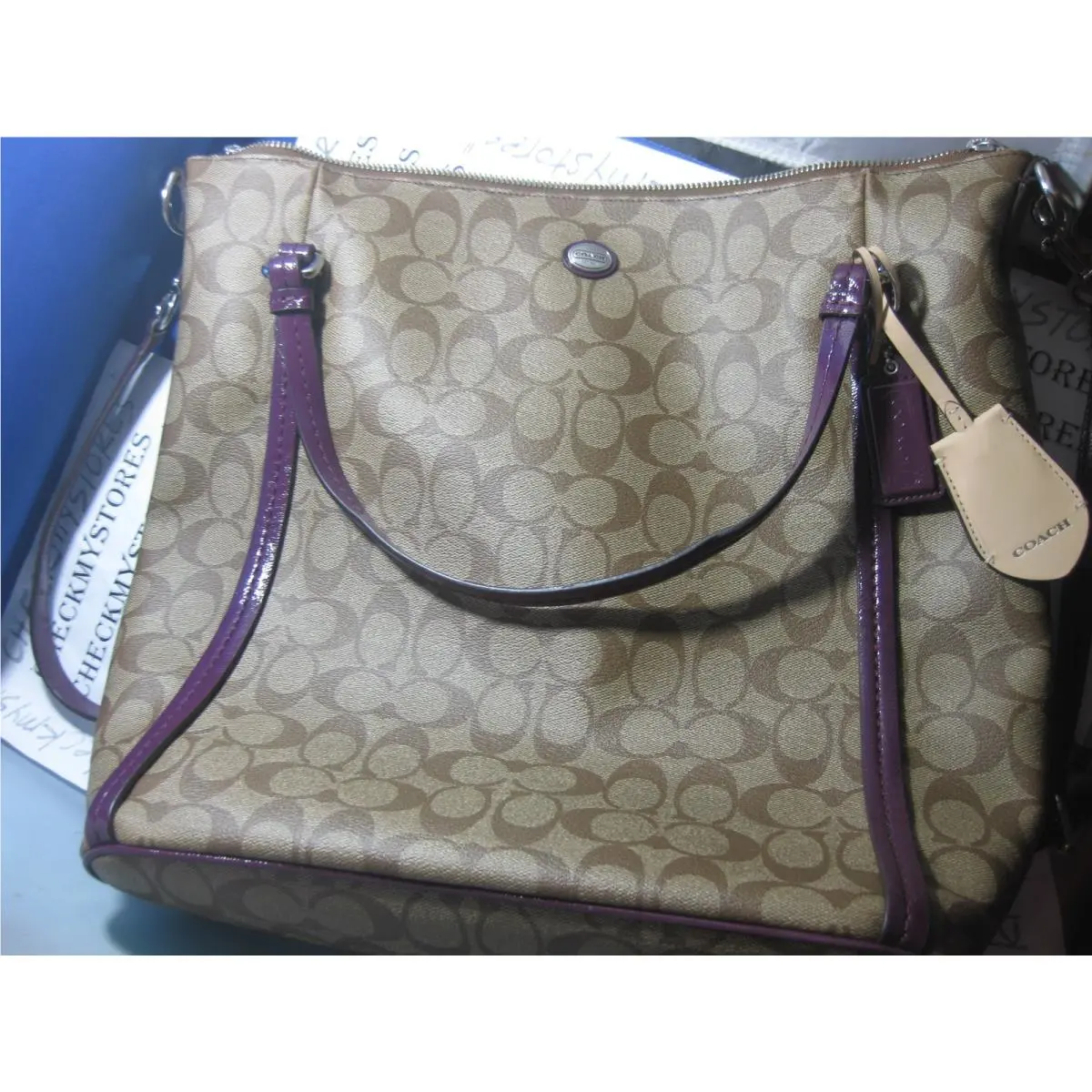 F24601 Peyton Signature Convertible Shoulder Bag Purse Handbag KHAKI/PLUM by Coach