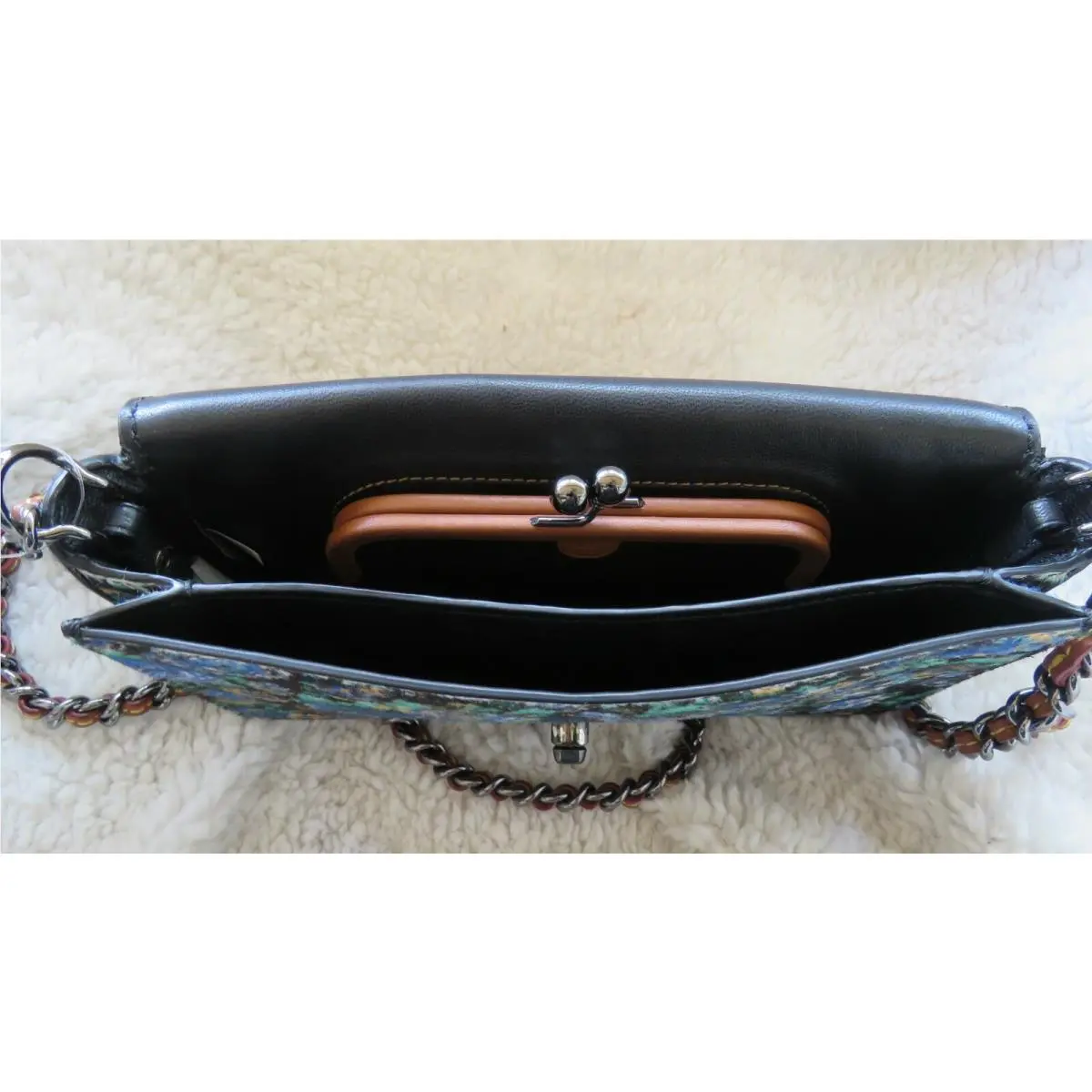Coach  bag  - Coach Dinky 1941 Coach Originals - Handle/Strap: Gunmetal chain with Woven Leather, Hardware: Gunmetal, Exterior: Black/blue multi floral/flowers