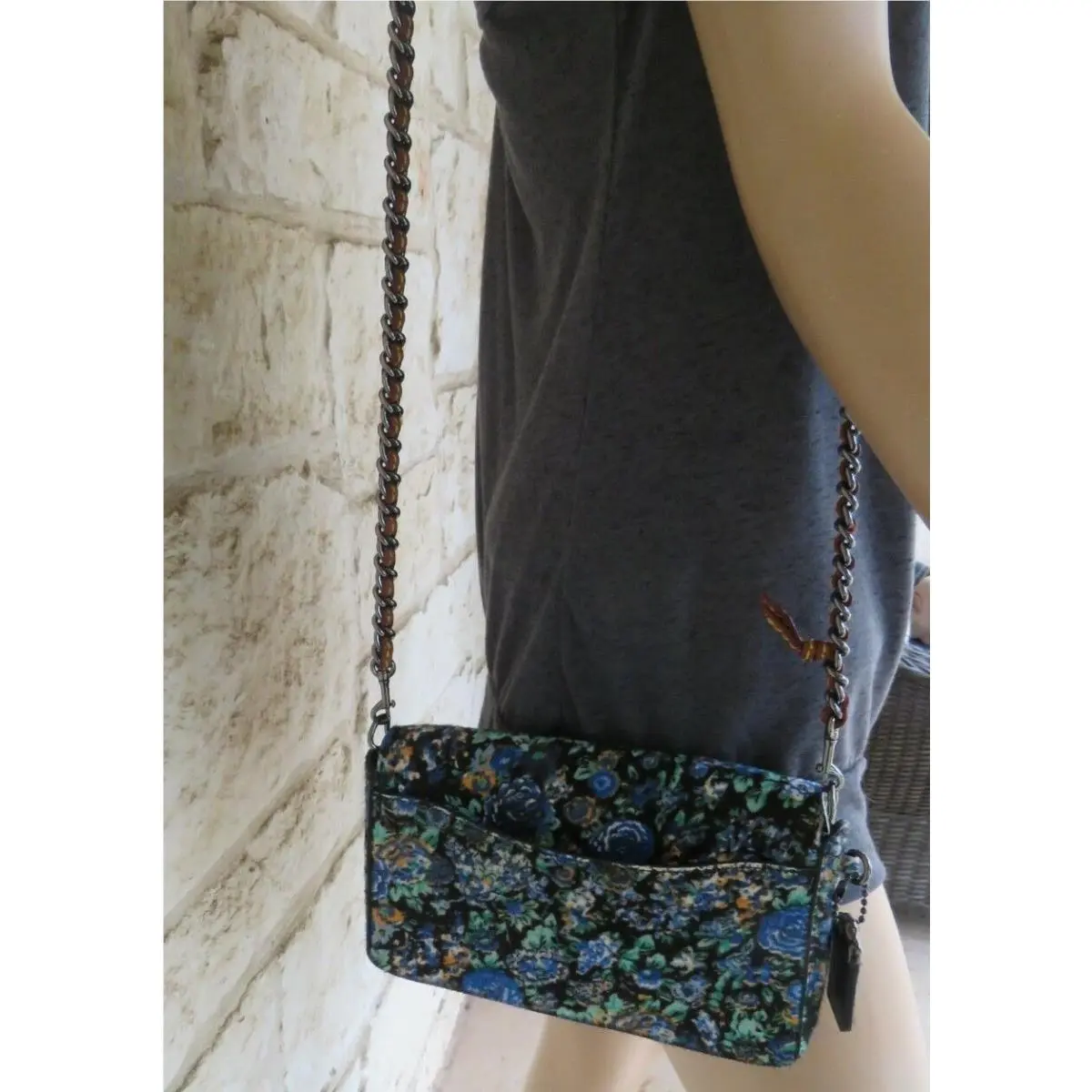 Coach  bag  - Coach Dinky 1941 Coach Originals - Handle/Strap: Gunmetal chain with Woven Leather, Hardware: Gunmetal, Exterior: Black/blue multi floral/flowers