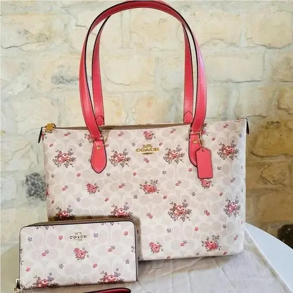 Gallery Signature Floral Print Shoulder Bag Tote /wallet Sand Multi Bundle 2 Pcs by Coach