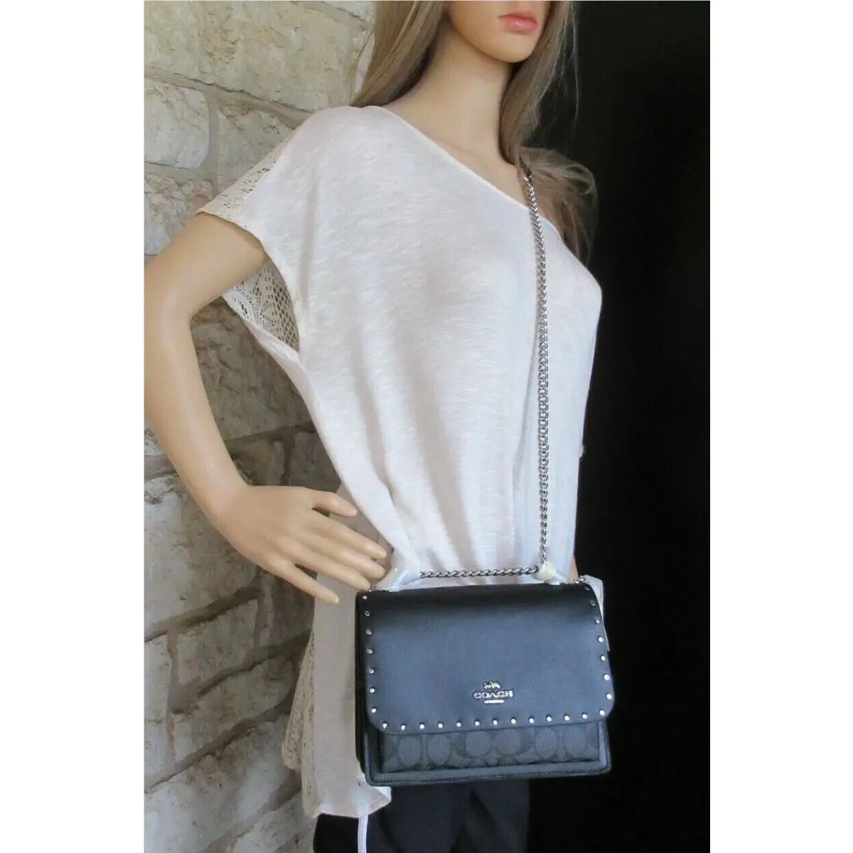 Coach Klare Bag Colorblock Black Leather Signature Silver Rivets or Bag Set