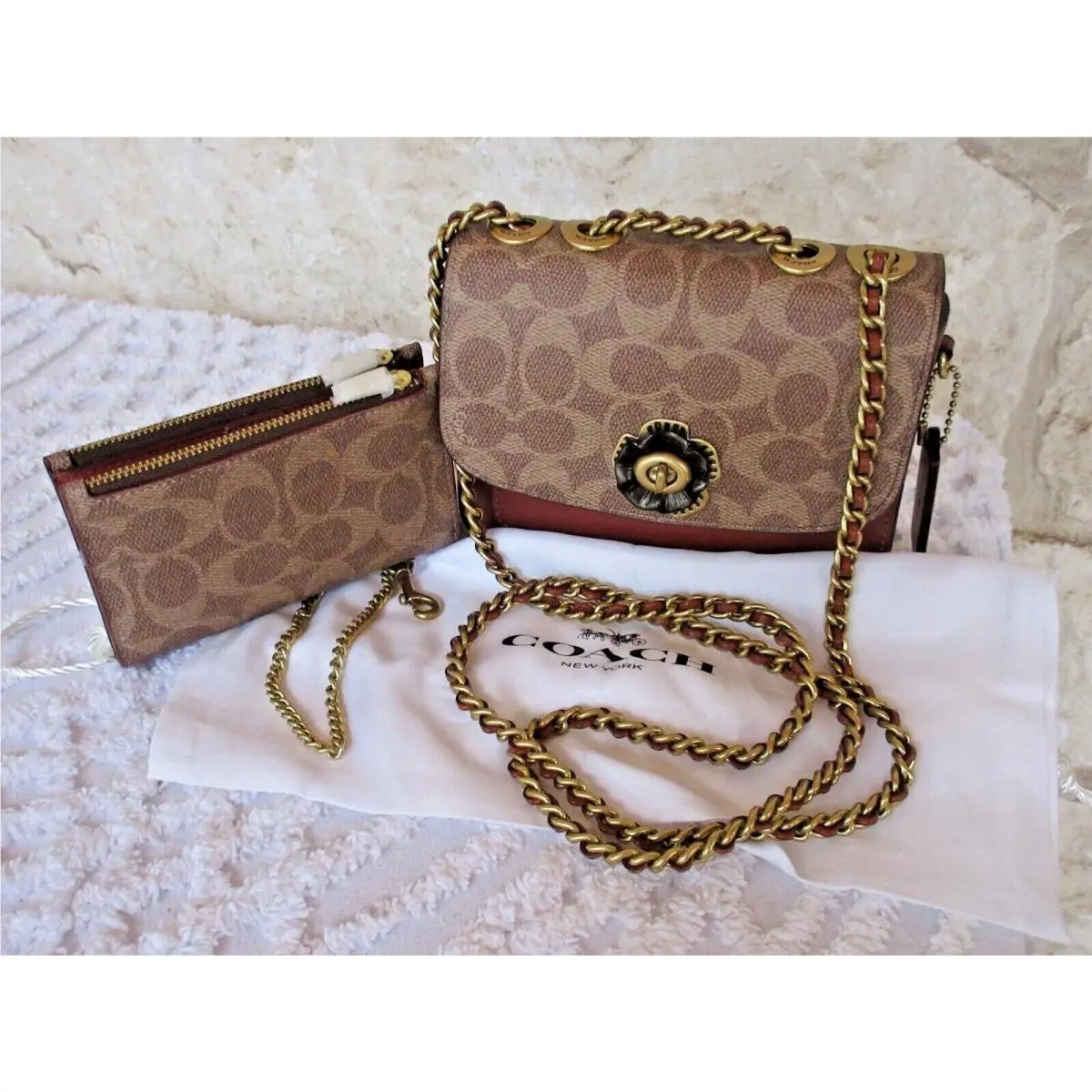 Coated Signature Tan/rust Madison Shoulder 16 Tea Rose Bag or 2pc. Set  2-pc SET: Purse + Wristlet  NEW by Coach