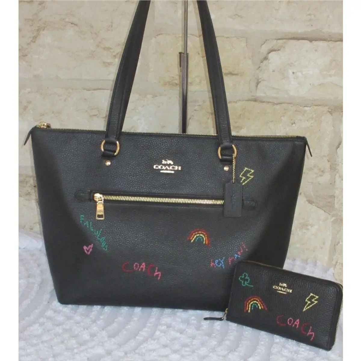Black Leather Gallery Tote + Wallet or Tote Option Embroidered Diary SET TOTE + WALLET Black Gallery Diary Leather NEW by Coach