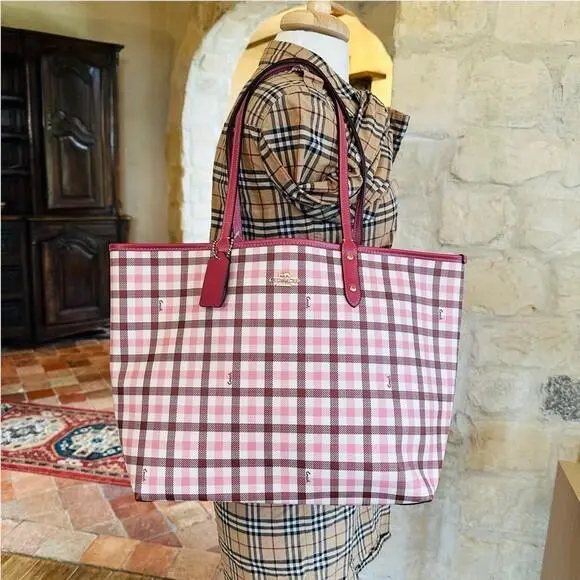 Coach Gingham Plaid Check Reversible Tote Handbag Women Pink Rare