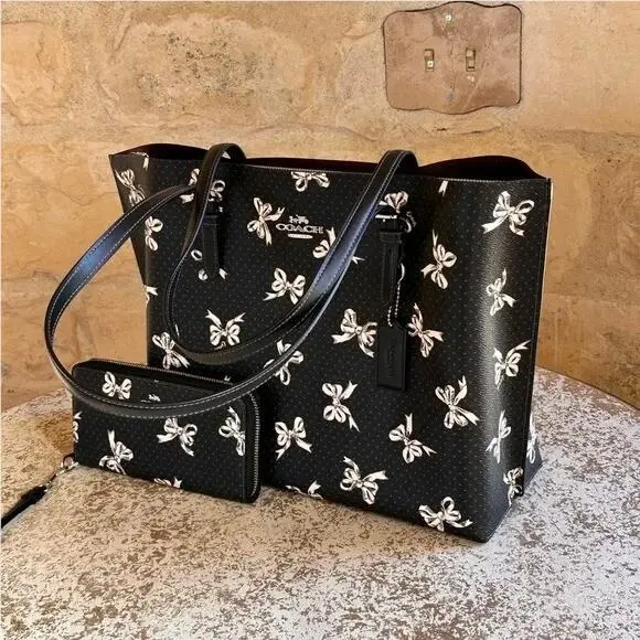 Mollie Tote Bag Bow Print Large Black Handbag/wallet/dust Bag Option by Coach