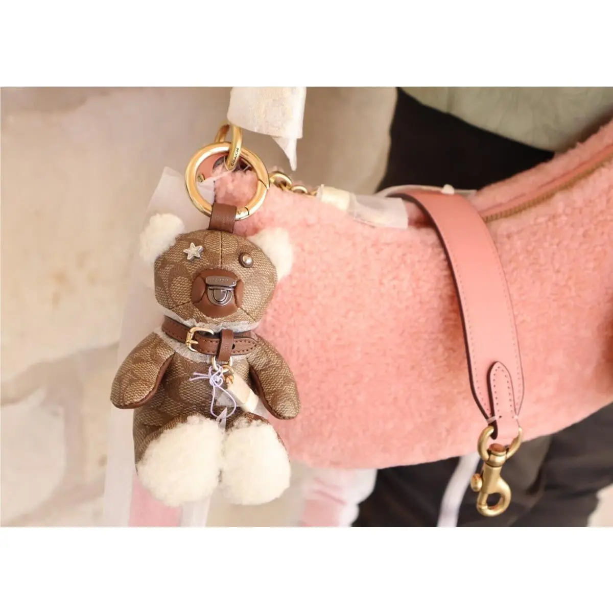 Mira Shearling Bag Bear Round Zip Charm Natural Pink Multi Set Opt 2-pc SET Bear brown charm Candy Pink Mira by Coach