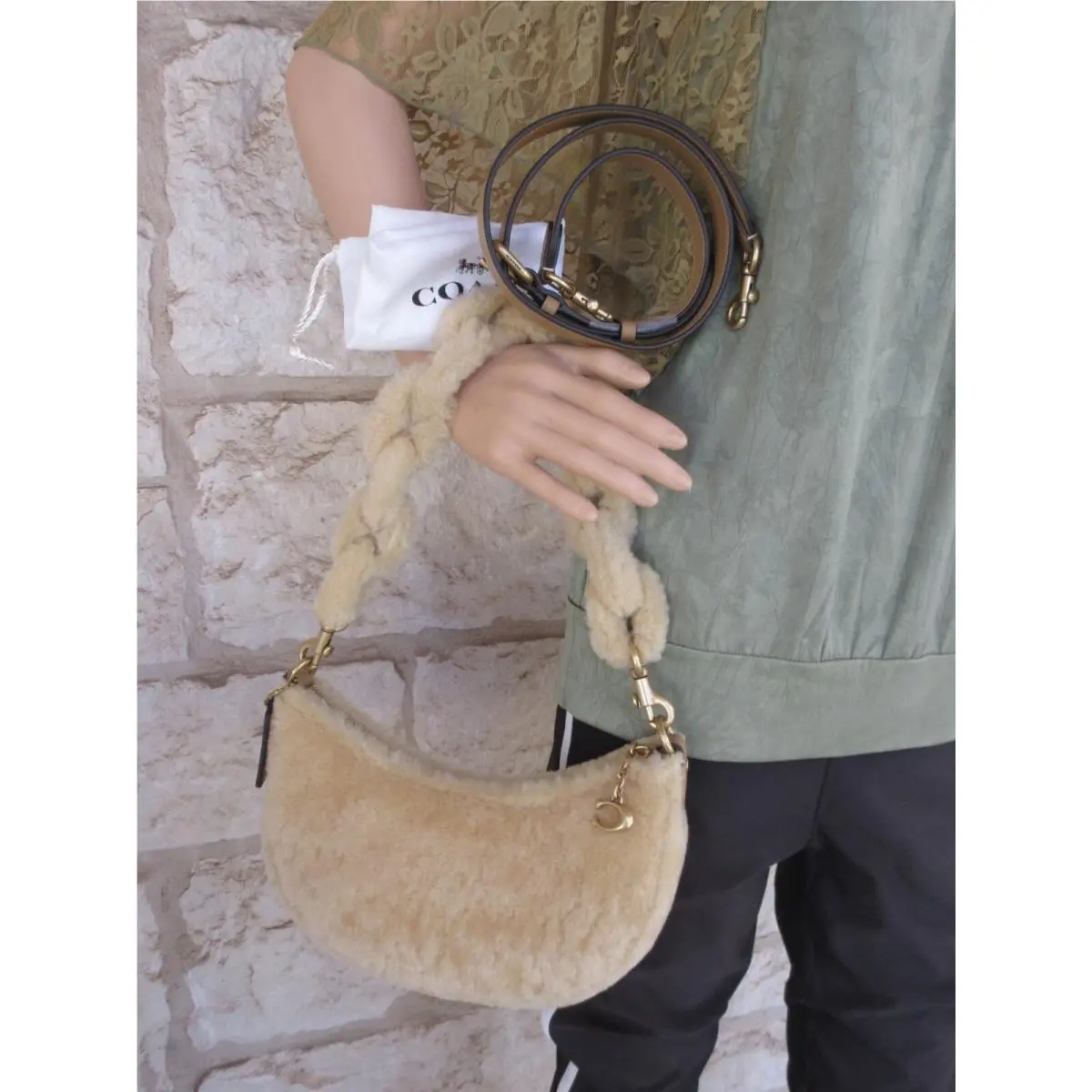 Mira Shearling Bag Bear Round Zip Charm Natural Pink Multi Set Opt Mira Shearling Beige Braided Handle Crossbody Bag by Coach