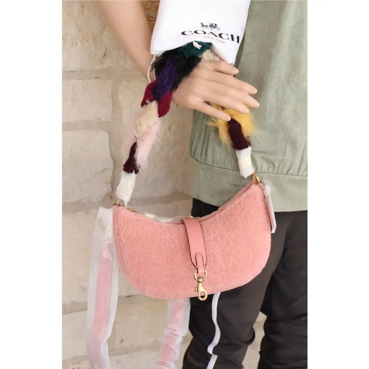 Mira Shearling Bag Bear Round Zip Charm Natural Pink Multi Set Opt Mira Shearling Pink Braided Handle X-body Bag by Coach