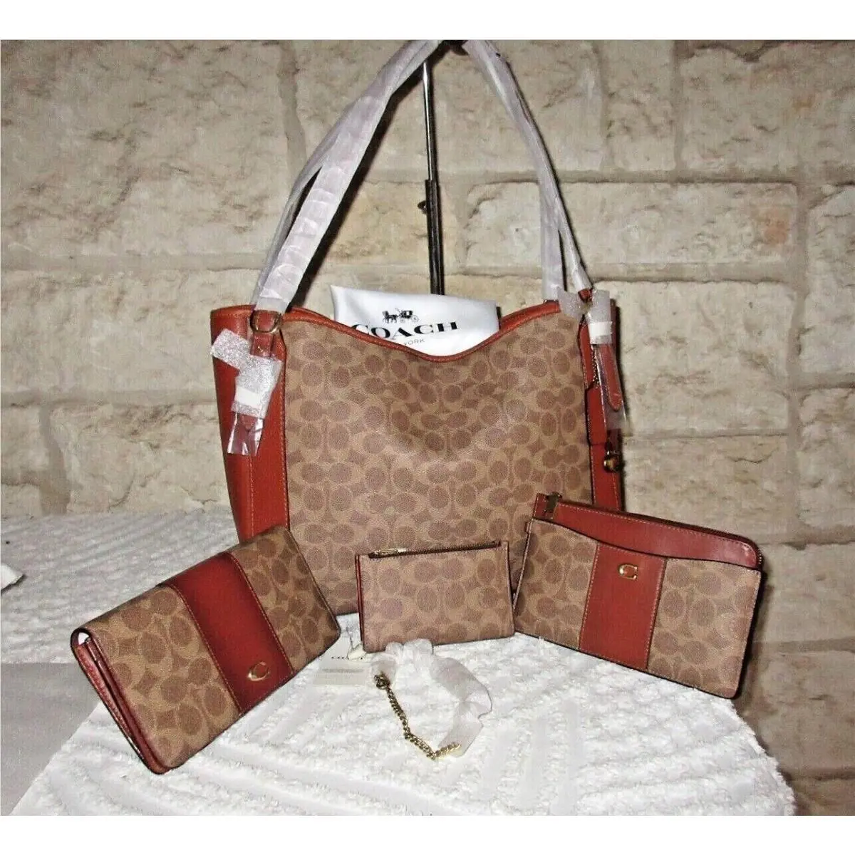 Alana Tote Bag or Set Option Wallet Wristlet Cardcase Signature Tan Rust 4 pc SET Tote, Wallet, L Zip Wristlet, Chain wrist by Coach