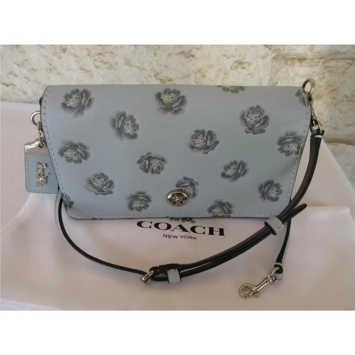Coach  bag  - Coach DINKY DNK RESIN BLUE FLORAL SPARKLE - Handle/Strap: SV/SK Sky blue reversible grey, Hardware: Silver, Exterior: Light Blue