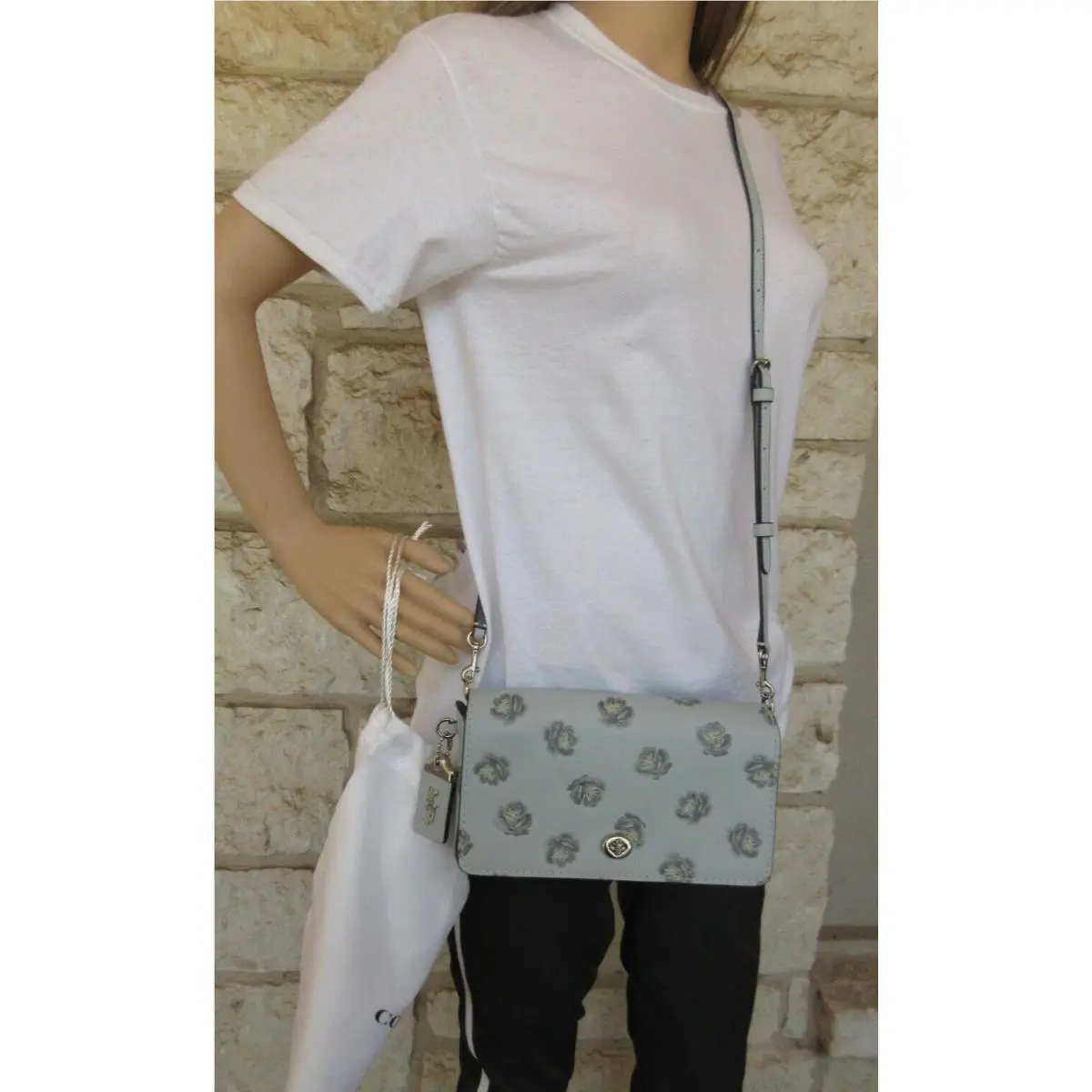 Unique Coach Leather Dinky Sky Blue Floral Glitter Coach Dust Bag