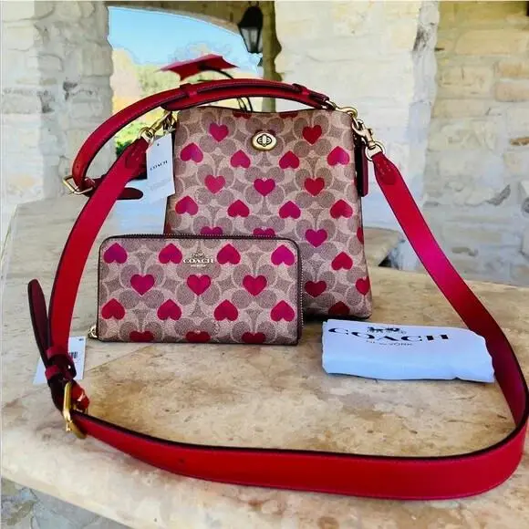 Coach Willow Bucket Bag Signature Canvas Heart Print Tan Red/ Wallet Option