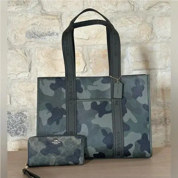 Smith Tote Bag In Signature Canvas and Smooth Leather Camo/wallet Hanndbag+Wallet by Coach