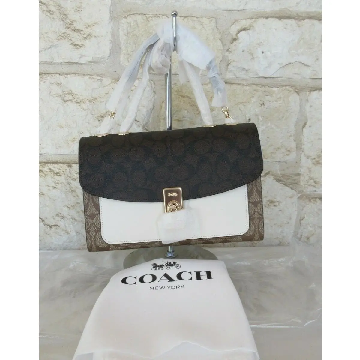 Lane Shoulder Bag or Bag+wallet Leather/signature Turn-lock Chain Dust Bag Bag Blocked Signature Gold/Khaki/Brown chalk multi by Coach