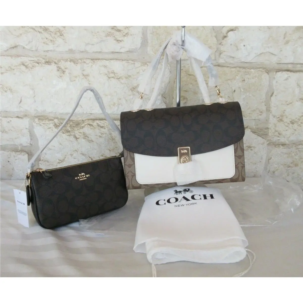 Lane Shoulder Bag or Bag+wallet Leather/signature Turn-lock Chain Dust Bag Bag+Wallet set Bag Blocked Signature Khaki/Brown by Coach