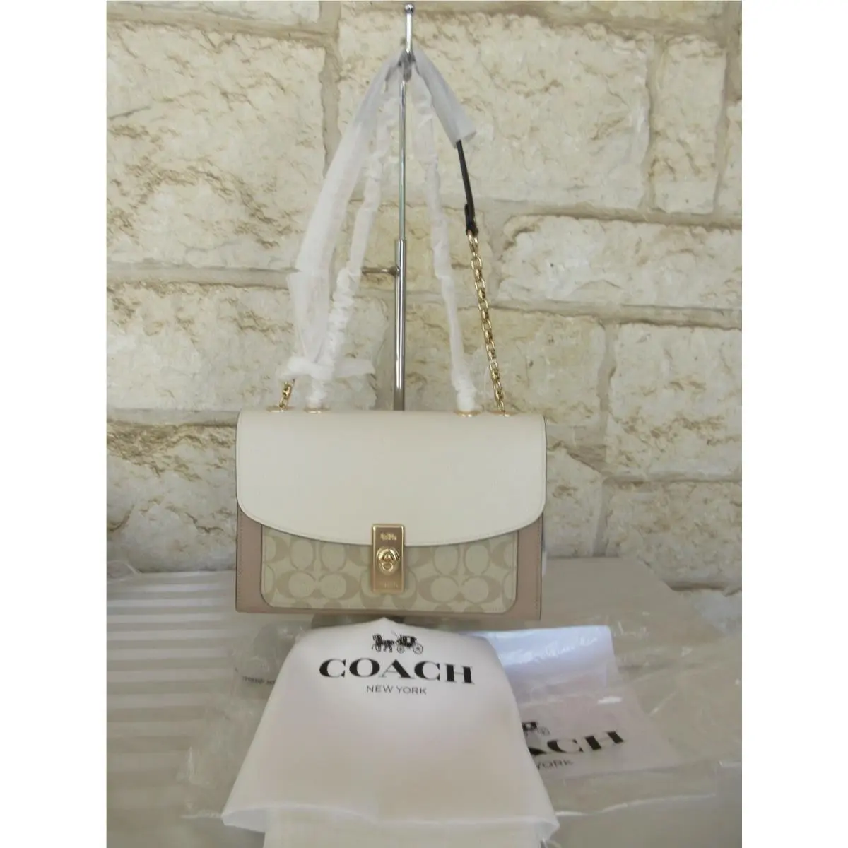 Lane Shoulder Bag or Bag+wallet Leather/signature Turn-lock Chain Dust Bag Bag Signature Gold/Light Khaki chalk multi by Coach