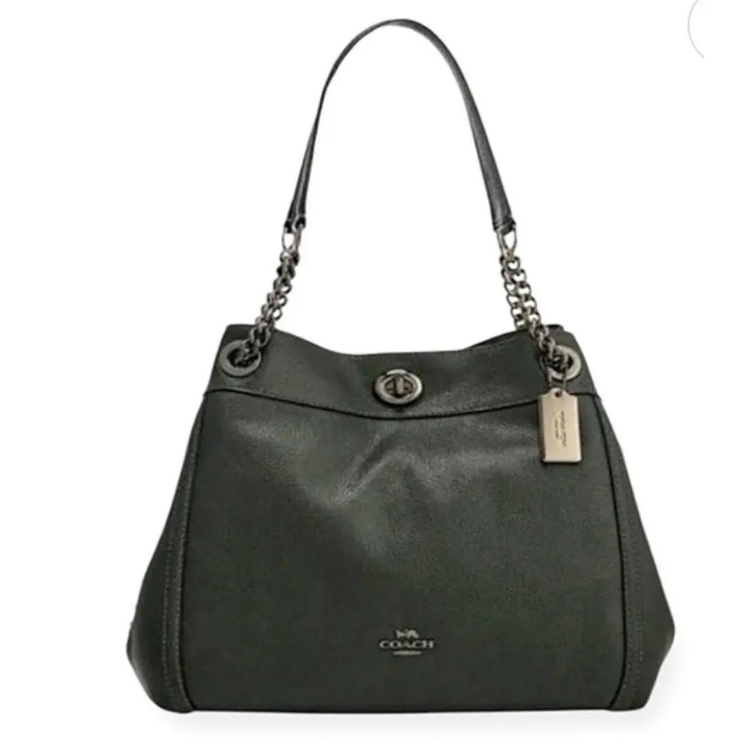 Coach 36855 Edie 31 Turnlock Pine Green Pebbled Leather Chain Shoulder Bag