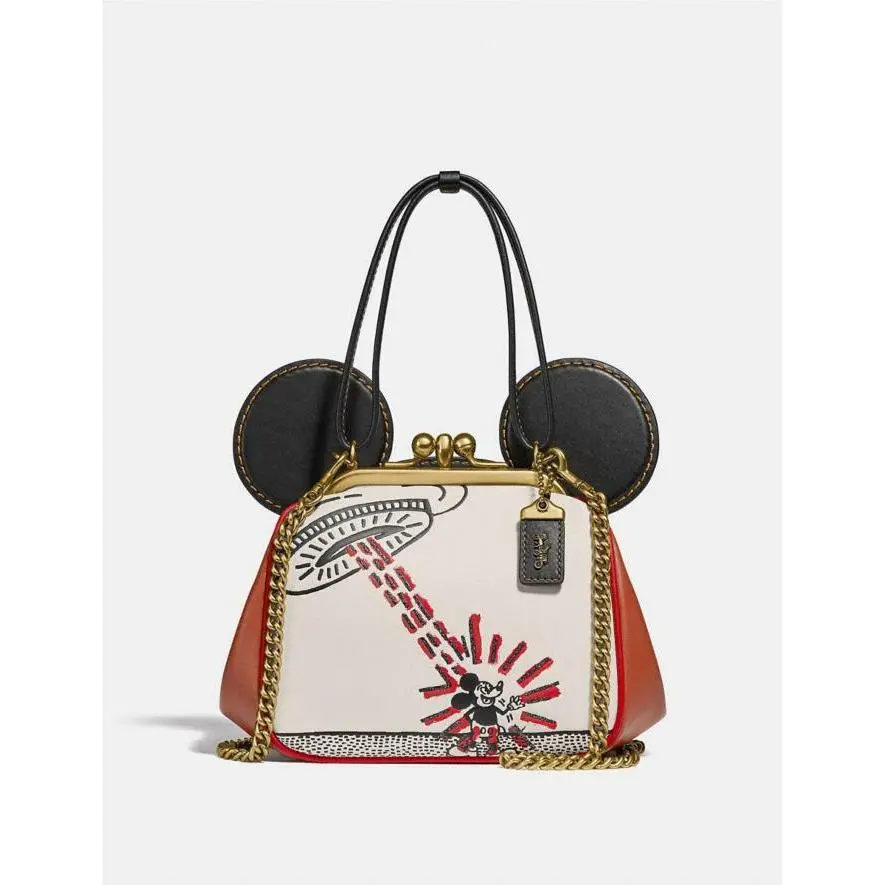 Coach Keith X Haring Disney Mickey Mouse Bag Leather Beige Handbag Purse