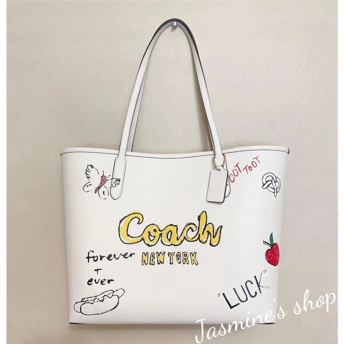 CAK18 City Tote Bag with Sketch Print Double Face Leather Chalk Multi by Coach