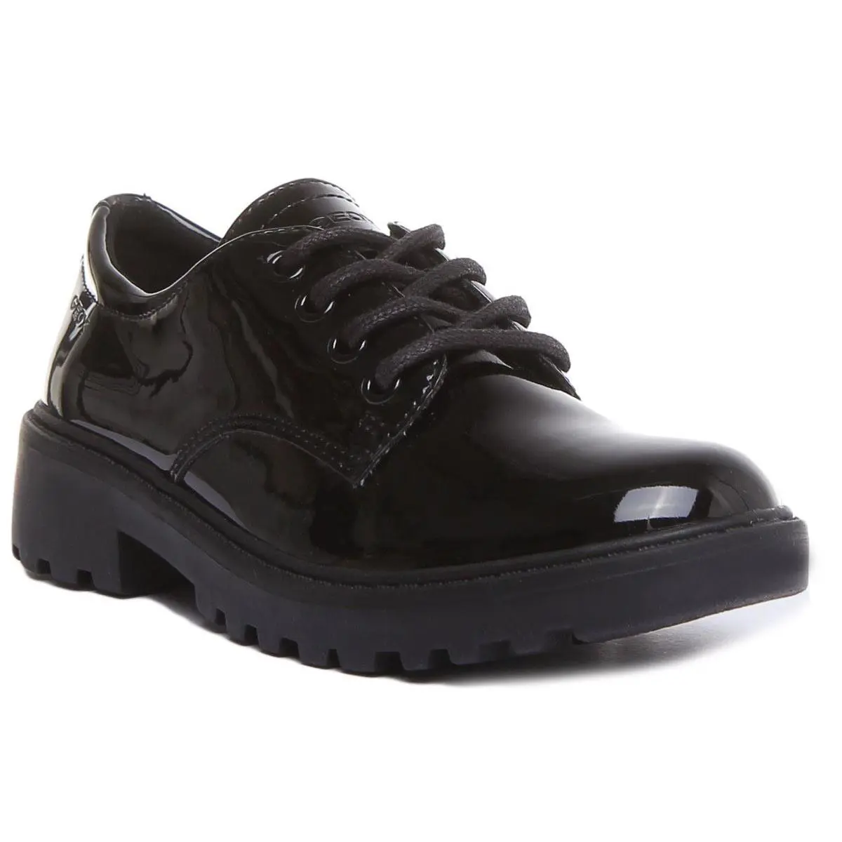 Geox J Casey Girls Lace Up Leather Unisex School Shoe In Black Patent US 1- 13