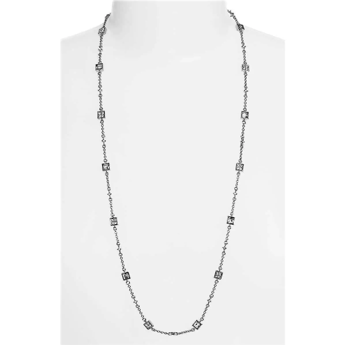 Lauren Ralph Lauren Starry Night Long Necklace Square Crystals Silver Tone Cha