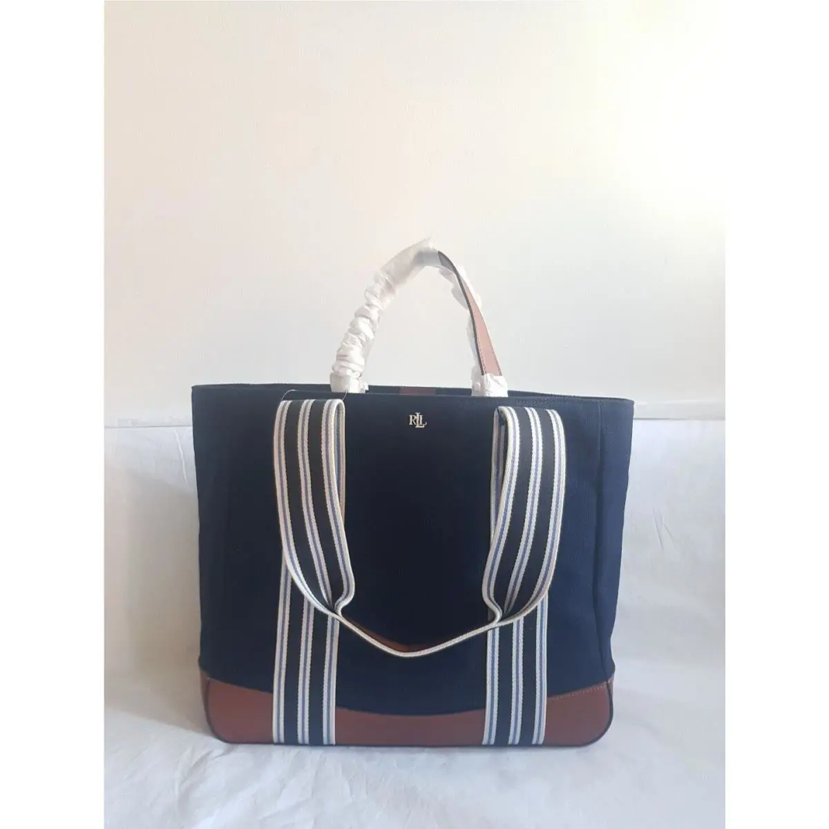 Lauren Ralph Lauren Canvas Large Pre-spring Tote Bag Navy Tan Size OS