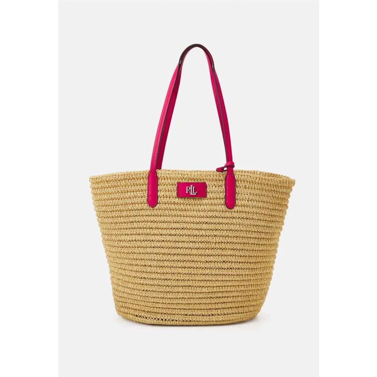 Ralph Lauren Pink Leather Trim Brie Straw Tote Bag