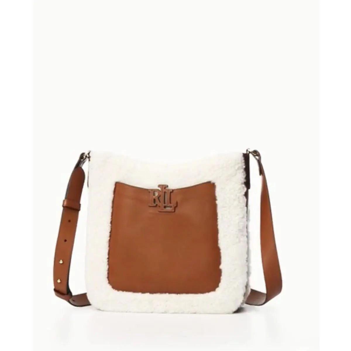 Lauren Ralph Shearling Medium Leather Crossbody White/laurel Tan