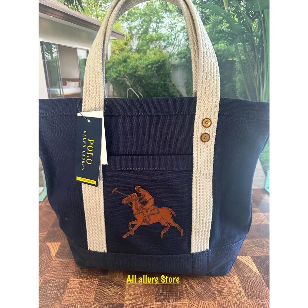 Polo Ralph Lauren Pony Leather Patch Canvas Tote Bag Men`s/women`s Navy Limited